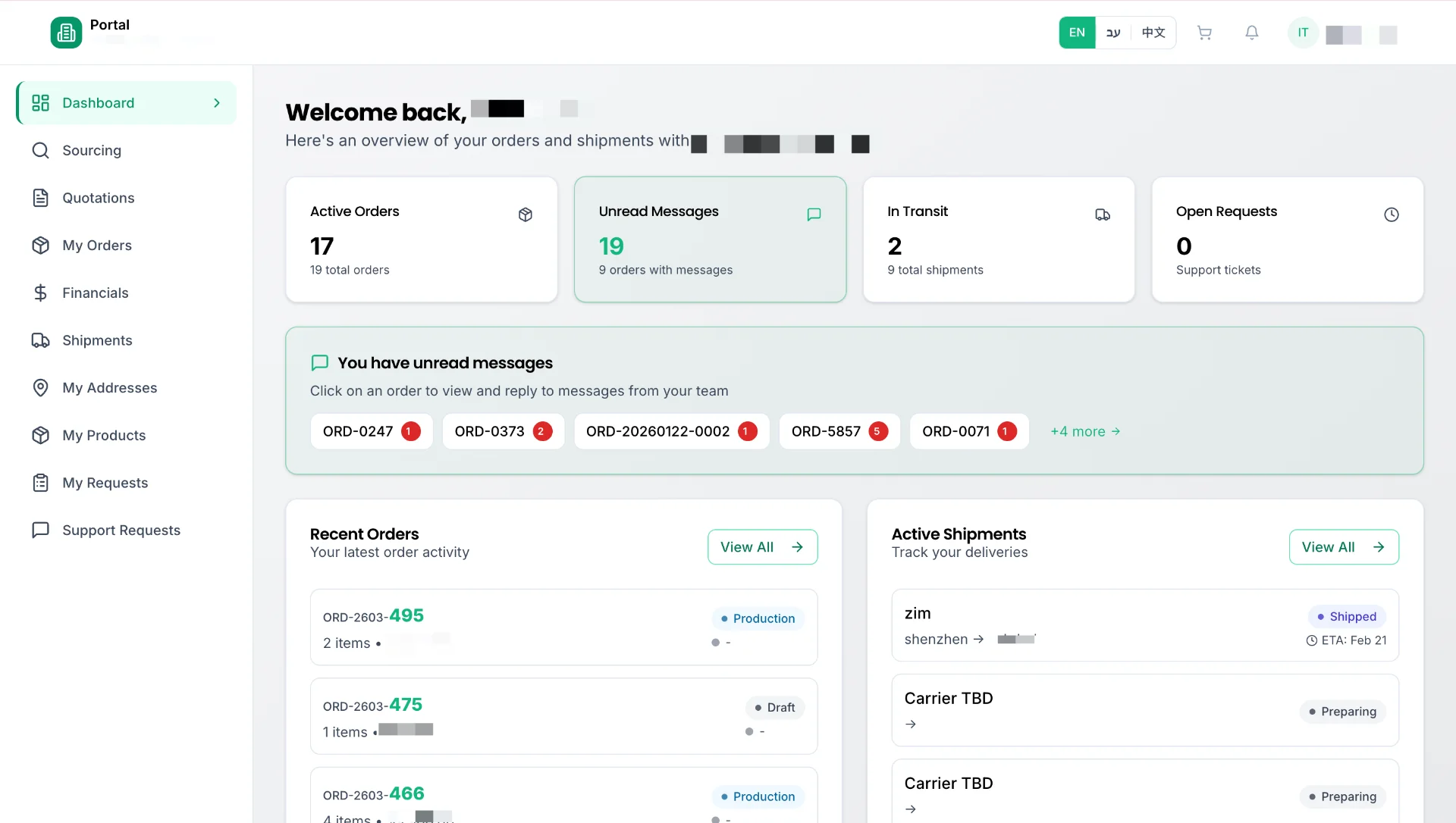 ImportOS Dashboard — Real-time order tracking, shipments, and messaging portal