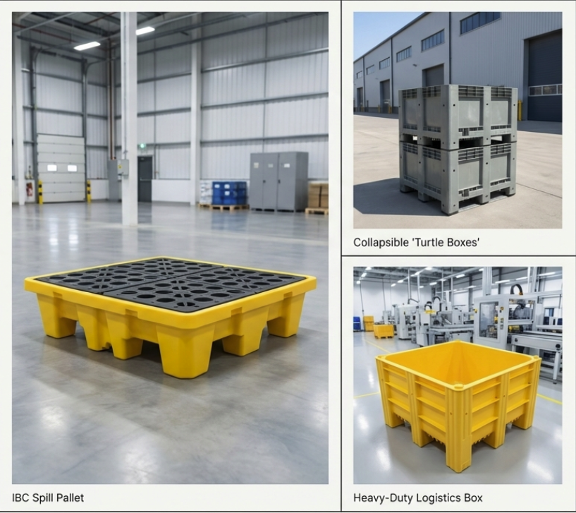 Heavy-duty plastic pallets, IBC spill containment,
