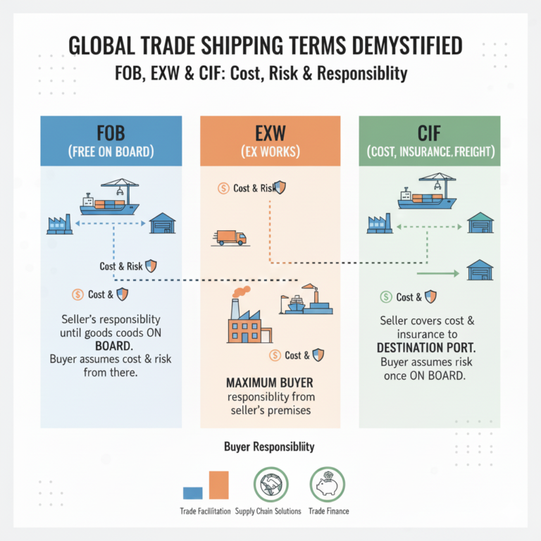 Shipping Terms FOB EXW CIF comparison infographic showing cost and risk responsibility.